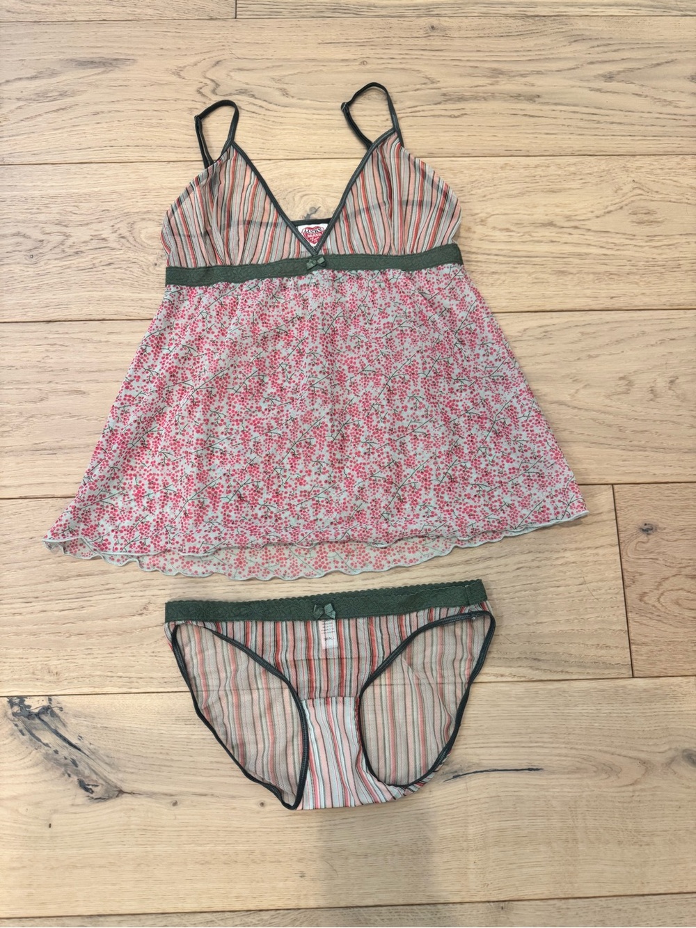 Floral Stripe Lace-Trim Tank & Panty Set - Pink/Green